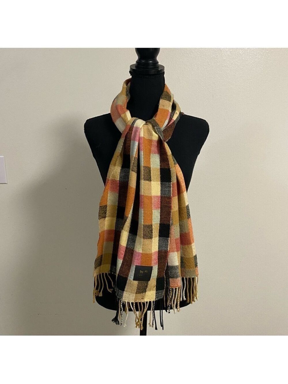 Coach Scarf Women’s OS Square Plaid Scarf with Fringe-Flawed